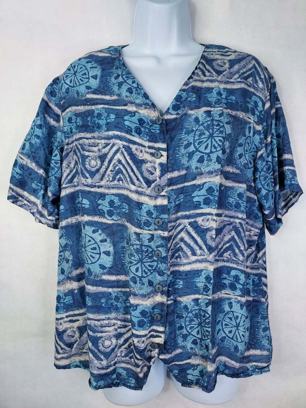 Vtg Xposure Silk Shirt Women's L Abstract Print Button Up Blouse 90s Boxy Retro